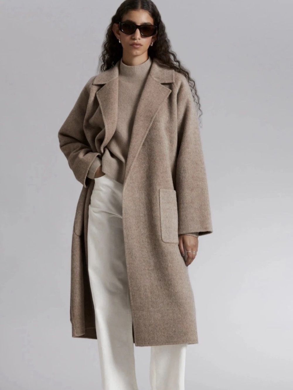 & Other Stories Shawl Collar Wool Blend Belted Coat Light Beige Size Large